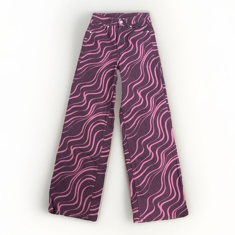 HM Wide Twill Trousers Plum And Pink Swirl Pattern Jeans Size 2 - 23x30